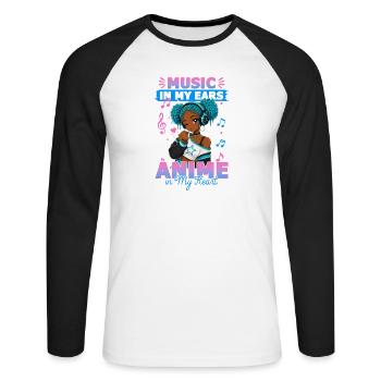 Anime and Music Chibi Black Girl - Unisex Baseballshirt langarm - Weiß/Schwarz - Vorne - Nik (191cm)