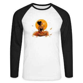 Femme méditant avec des pissenlits sous l’orange - T-shirt baseball manches longues Homme - blanc/noir - Devant - Nik (191cm)