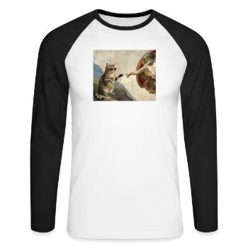 Katze Schlägt Gottes Hand Lustiges Katzen meme - Unisex Baseballshirt langarm - Weiß/Schwarz - Vorne - Nik (191cm)