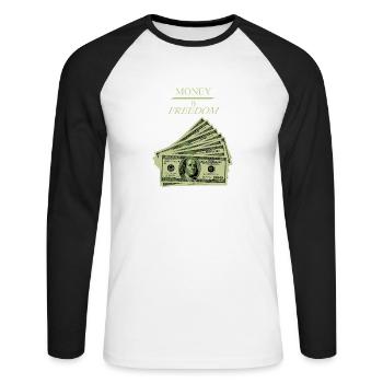 L’argent est la liberté Mentalité de richesse Conception du dollar - T-shirt baseball manches longues Homme - blanc/noir - Devant - Nik (191cm)