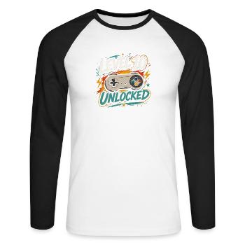 Level 10 freigeschaltetes 10-Jahres-Jubiläums-D-Geschenk - Unisex Baseballshirt langarm - Weiß/Schwarz - Vorne - Nik (191cm)