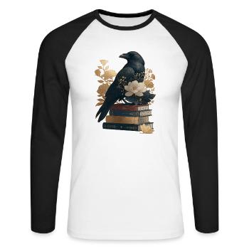 Rabe auf Büchern - Unisex Baseballshirt langarm - Weiß/Schwarz - Vorne - Nik (191cm)