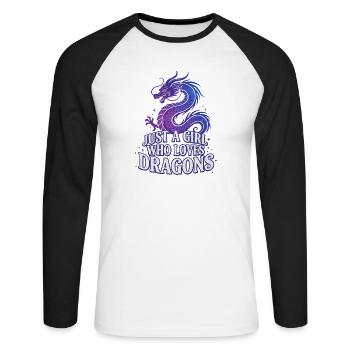 Drachenliebe: Girl liebt Drachen - Unisex Baseballshirt langarm - Weiß/Schwarz - Vorne - Nik (191cm)