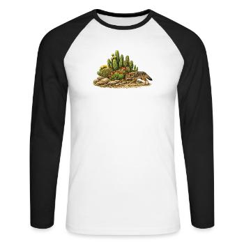 Kaktus mit Kojote - Unisex Baseballshirt langarm - Weiß/Schwarz - Vorne - Nik (191cm)