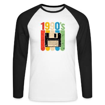 1990er Retro Computer Nostalgie mit Diskette - Unisex Baseballshirt langarm - Weiß/Schwarz - Vorne - Nik (191cm)