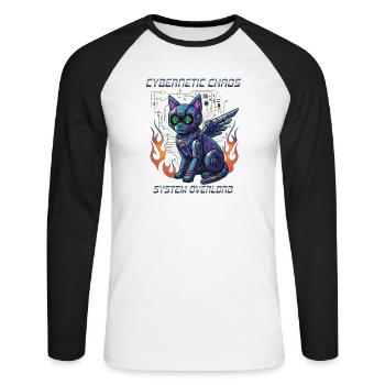 Katze Cybernetic Chaos, Cyberpunk - Unisex Baseballshirt langarm - Weiß/Schwarz - Vorne - Nik (191cm)