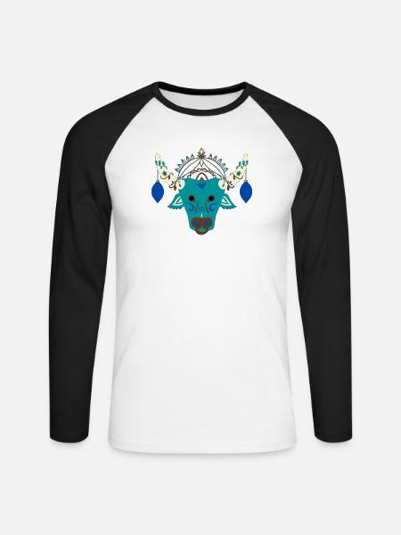 Blauer Stier mit festlichem Kopfschmuck - Unisex Baseballshirt langarm - Weiß/Schwarz