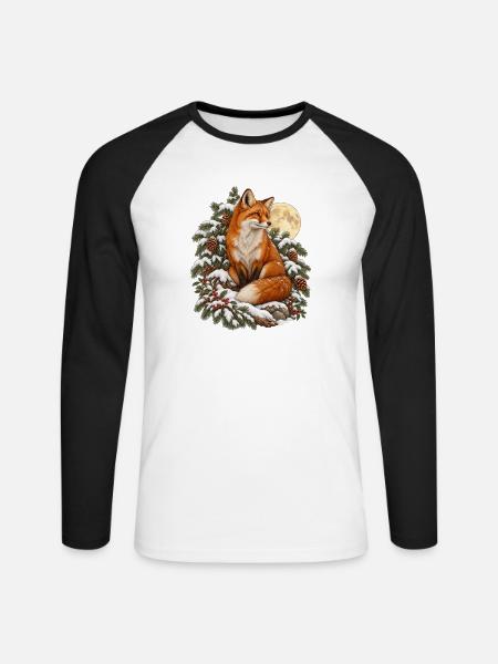 Fuchs im Winterwald mit Mondlicht - Unisex Baseballshirt langarm - Weiß/Schwarz