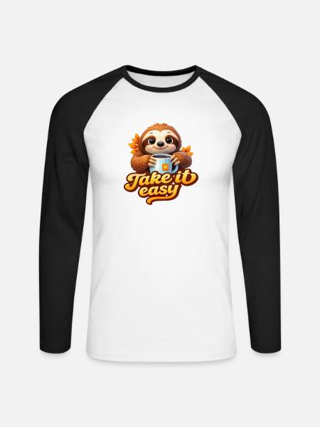 Take It Easy – Süßes Faultier mit Tee - Unisex Baseballshirt langarm - Weiß/Schwarz