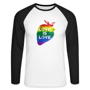 Erdbeere,love is love, kunst,Regenbogen,LGBT - Unisex Baseballshirt langarm - Weiß/Schwarz - Vorne - Nik (191cm)