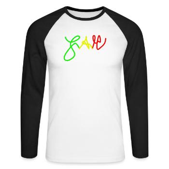 Jah in Trio-Farben Red Gold Green - Unisex Baseballshirt langarm - Weiß/Schwarz - Vorne - Nik (191cm)