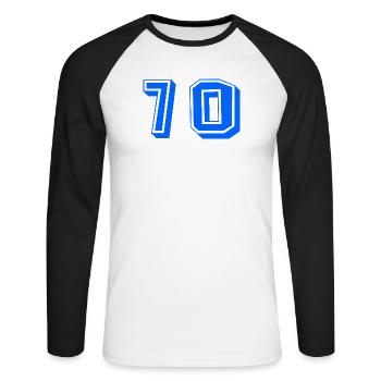 70. 70 ANS. 70e ANNIVERSAIRE. ANNIVERSAIRE 70 ANS. - T-shirt baseball manches longues Homme - blanc/noir - Devant - Nik (191cm)
