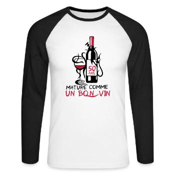 50 ans mature bouteille vin anniversaire - T-shirt baseball manches longues Homme - blanc/noir - Devant - Nik (191cm)