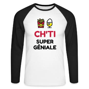 Ch'ti / Nord / Chti / Ch'ti mi / Nordiste - T-shirt baseball manches longues Homme - blanc/noir - Devant - Nik (191cm)