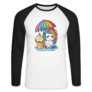 Einhorn-Träume - Regenbogenfarben zum Verlieben - Unisex Baseballshirt langarm - Weiß/Schwarz - Vorne - Nik (191cm)