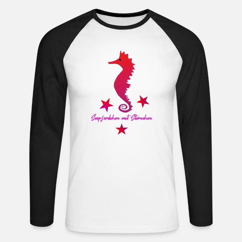 rotes Seepferd mit Sternchen - Unisex Baseballshirt langarm - Weiß/Schwarz