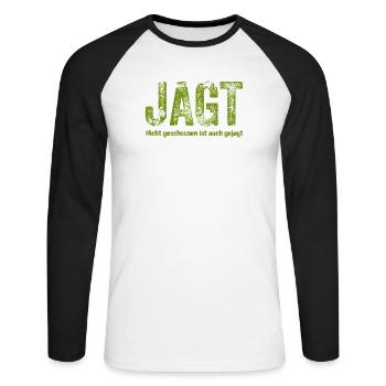 Schriftzug Jagt mit detailreichem Muster - Unisex Baseballshirt langarm - Weiß/Schwarz - Vorne - Nik (191cm)