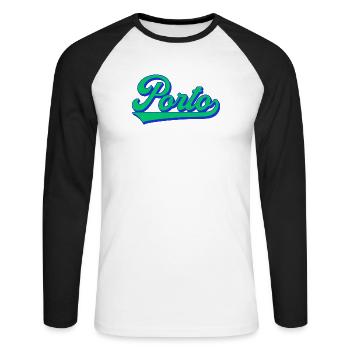 Porto Neon Script Retro - Unisex Baseballshirt langarm - Weiß/Schwarz - Vorne - Nik (191cm)