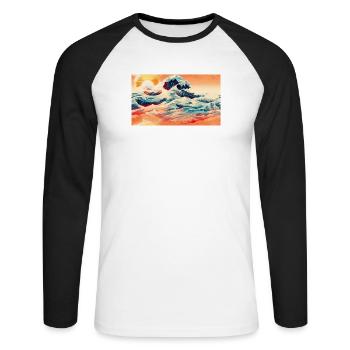 Vagues du coucher de soleil à Ukiyoe - T-shirt baseball manches longues Homme - blanc/noir - Devant - Nik (191cm)
