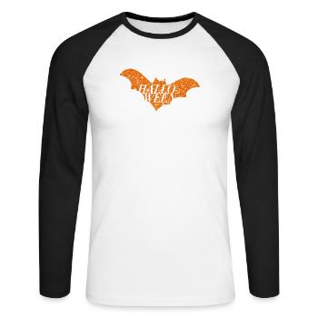 Halloween Orange Glitter Bat Silhouette - Unisex Long Sleeve Baseball T-Shirt - white/black - Front - Nik (191cm)