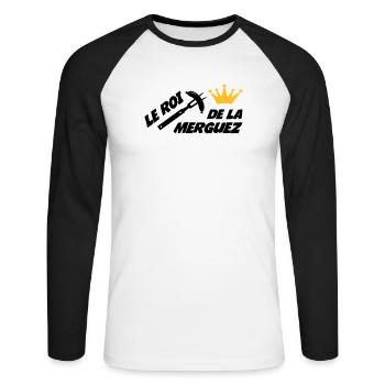 Le Roi de la Merguez ! - T-shirt baseball manches longues Homme - blanc/noir - Devant - Nik (191cm)