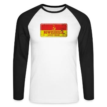Nowosibirsk Sowjetunion Vintage Schild - Unisex Baseballshirt langarm - Weiß/Schwarz - Vorne - Nik (191cm)
