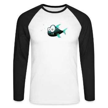 Fisch mit Zähnen Comic Hai - Unisex Baseballshirt langarm - Weiß/Schwarz - Vorne - Nik (191cm)