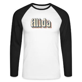 Alida T-Shirt Retro Vintage T-Shirt Geschenkidee - Unisex Baseballshirt langarm - Weiß/Schwarz - Vorne - Nik (191cm)