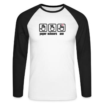 Papier - Ciseaux - hache - pierre - bûcheron - T-shirt baseball manches longues Homme - blanc/noir - Devant - Nik (191cm)