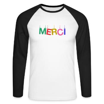 MERCI. MAÎTRESSE. MAÎTRE. MERCI MAÎTRESSE - T-shirt baseball manches longues Homme - blanc/noir - Devant - Nik (191cm)