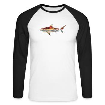 Hai Sonnenuntergang Palmen Strand Tropische Idylle - Unisex Baseballshirt langarm - Weiß/Schwarz - Vorne - Nik (191cm)