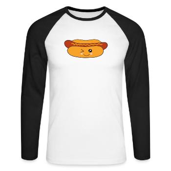 Kawaii, Hot-dog, Saucisse, Saucisse, Boucher - T-shirt baseball manches longues Homme - blanc/noir - Devant - Nik (191cm)