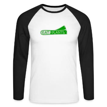 Eat Plants Lustig Vegan Vegetarisch Statement Logo - Unisex Baseballshirt langarm - Weiß/Schwarz - Vorne - Nik (191cm)