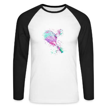 tennis,schläger,ball,graffiti,blau,malerei,bunt - Unisex Baseballshirt langarm - Weiß/Schwarz - Vorne - Nik (191cm)