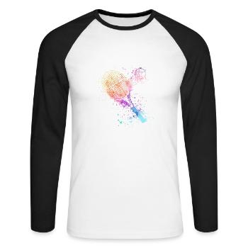 tennis,schläger,ball,graffiti,blau,malerei,bunt - Unisex Baseballshirt langarm - Weiß/Schwarz - Vorne - Nik (191cm)