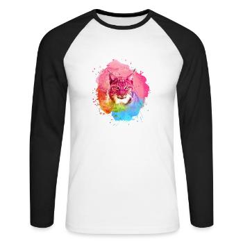 luchs,katze,blau,malerei,aquarell,pink,regenbogen - Unisex Baseballshirt langarm - Weiß/Schwarz - Vorne - Nik (191cm)