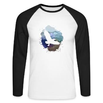 aigle, peinture, gris, mouches, oiseau, montagnes, paysage - T-shirt baseball manches longues Homme - blanc/noir - Devant - Nik (191cm)