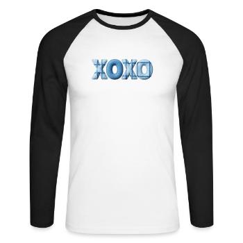 XOXO Patchwork Look mit Stoff Optik - Unisex Baseballshirt langarm - Weiß/Schwarz - Vorne - Nik (191cm)