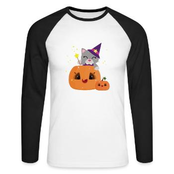 Cute halloween pumpkin witch cat - kawaii - Unisex Long Sleeve Baseball T-Shirt - white/black - Front - Nik (191cm)