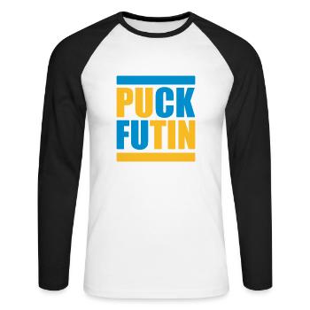 Conception du logo Puck Futin - T-shirt baseball manches longues Homme - blanc/noir - Devant - Nik (191cm)