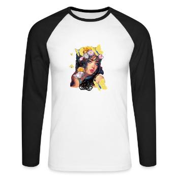 Woman, flowers, Asian, illustration, butterfly - Unisex Long Sleeve Baseball T-Shirt - white/black - Front - Nik (191cm)
