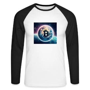 Bitcoin découvre l’espace - T-shirt baseball manches longues Homme - blanc/noir - Devant - Nik (191cm)