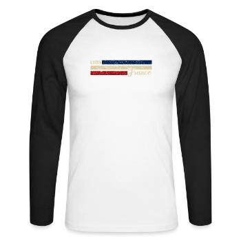 France - Lyon - Frankreich - Flagge - Streifen - Unisex Baseballshirt langarm - Weiß/Schwarz - Vorne - Nik (191cm)
