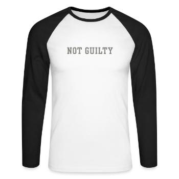 Not Guilty Minimalist Funny Statement Legal Humor - Unisex Long Sleeve Baseball T-Shirt - white/black - Front - Nik (191cm)