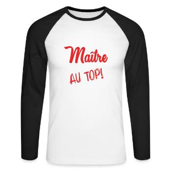 MAÎTRE. MAITRE. MERCI. MERCI MAÎTRE - T-shirt baseball manches longues Homme - blanc/noir - Devant - Nik (191cm)