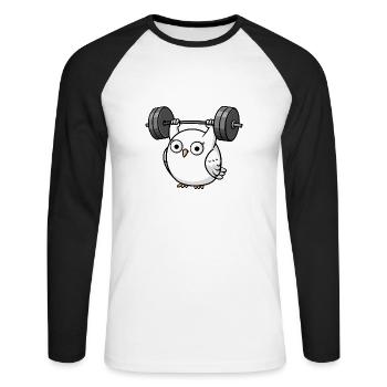 Lustige Eule Bankdrücken Hantel Cartoon - Unisex Baseballshirt langarm - Weiß/Schwarz - Vorne - Nik (191cm)