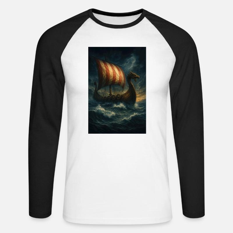 Wikinger-Schiff im Sturm - Unisex Baseballshirt langarm - Weiß/Schwarz