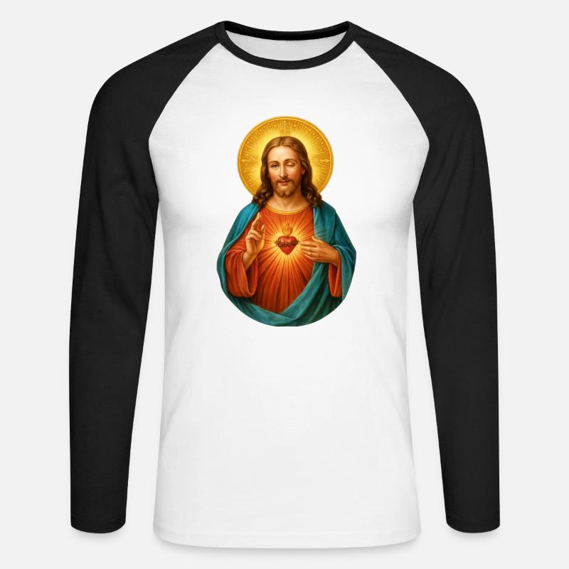 Zwinkernder Jesus Herz Jesu Strahlendes Heilsbild - Unisex Baseballshirt langarm - Weiß/Schwarz