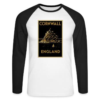 Cornwall England – Art Deco Travel Poster - Unisex Long Sleeve Baseball T-Shirt - white/black - Front - Nik (191cm)