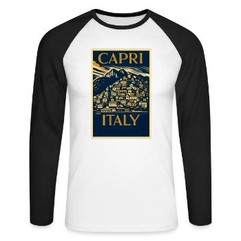 Capri Italy – Navy & Gold Vintage Poster Art-Déco - Unisex Baseballshirt langarm - Weiß/Schwarz - Vorne - Nik (191cm)